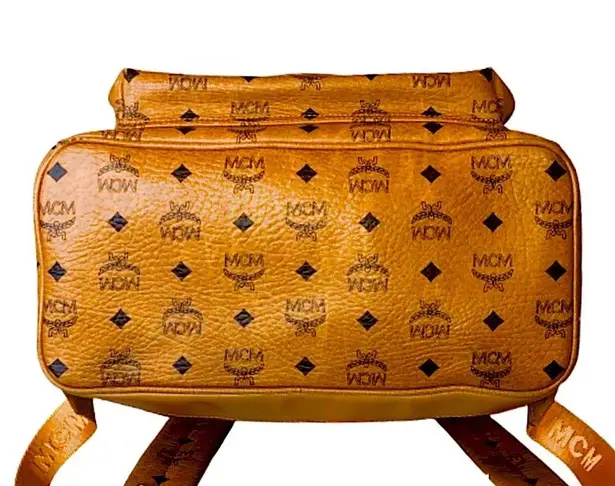 MCM Cognac Visetos Logo Metallic Embellished Full Size Unisex Backpack Book Bag