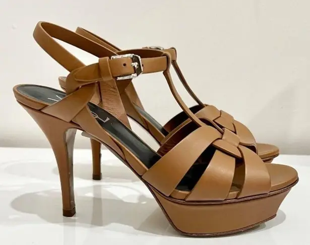 YSL Yves Saint Laurent Tribute Leather Ankle Strap Platform Sandals Matte Brown 36.5