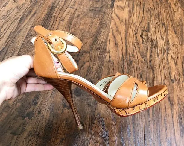 Casadei • platform stiletto sandals heels cognac brown leather cross ankle strap