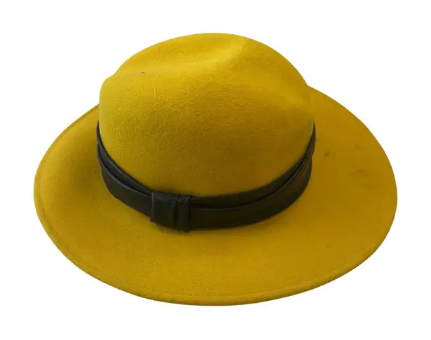 Fedoria 100% Wool Fedora Hat Yellow Wide Brim Black Band Fashion Statement