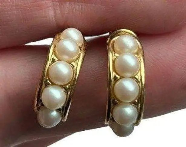 True vintage retro seed pearl goldtone half circle huggie hoops studs posts