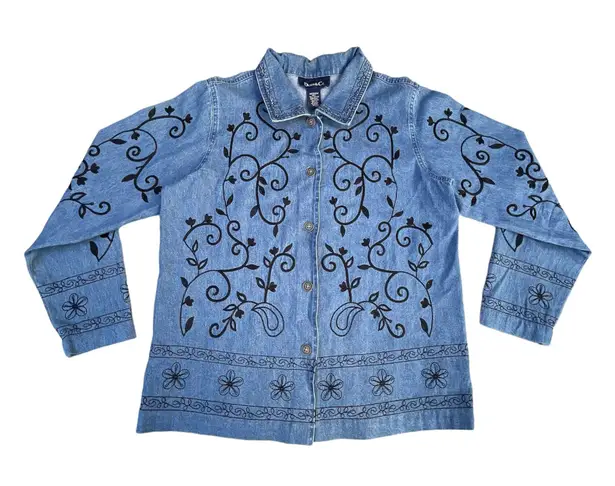 Denim & Co Vintage Floral Embroidered  Button Up Jacket