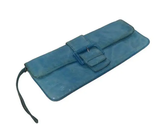 Hobo International Distressed Turquoise Buckle Leather Clutch Wristlet Handbag