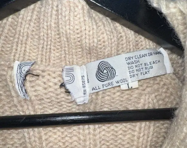 Vintage 70s PQS Womens Wool Full Zip Up Cable Knit Sweater Size L Beige Flaws Size L