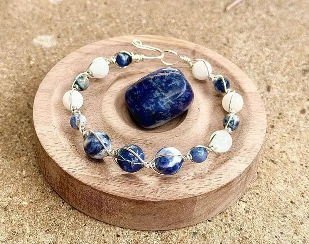 Wire Wrapped Bracelet with Sodalite & Creamy Moonstone Multiple