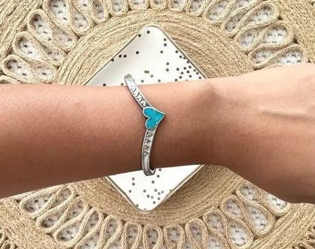 EGE ‘89 Silver Pewter Turquoise Heart Pointed Slip On Slim Bracelet Cuff Western