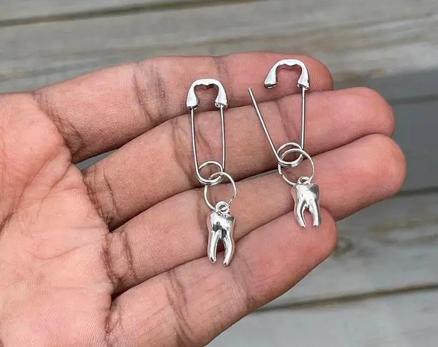 Handmade Unique Elegant Punk Gothic Style Tooth Safety Pin Design Hoop Earrings, Boho