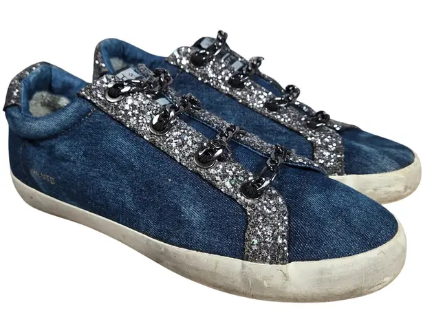 Vintage Havana Yves Washed Denim Sneakers Slip On Sparkle Sneakers Chain 10 Blue