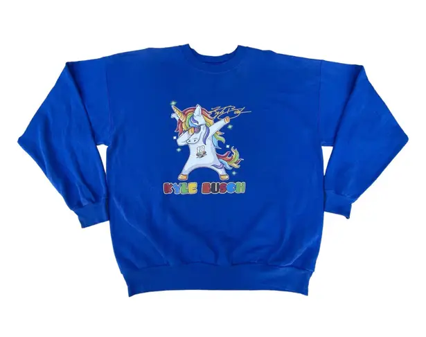 Hanes Nascar Kyle Busch 18 Blue Dabbing Unicorn Oversized Crewneck Sweater