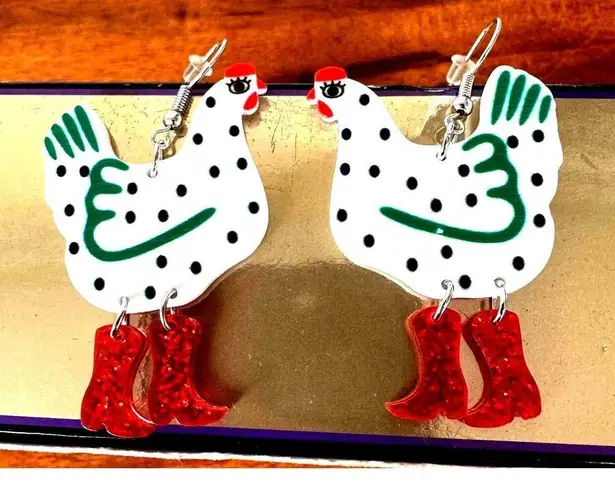 Christmas Chicken Earrings Glitter Red Boots Made for Walking Farm House…