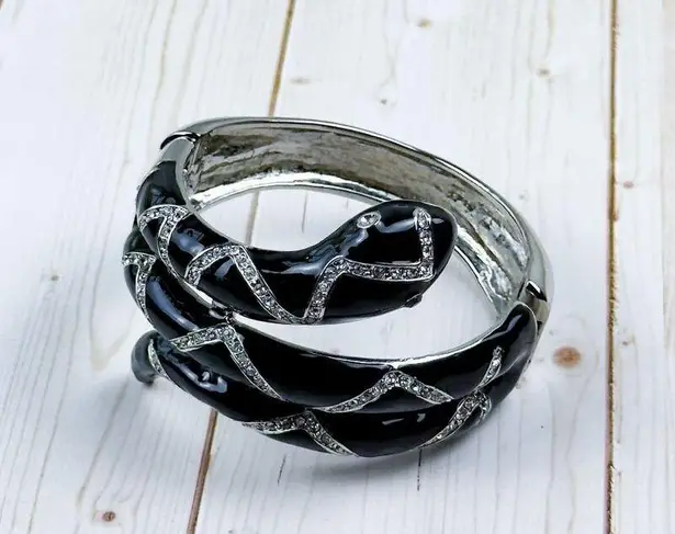 Coiled Snake Black Silver Enamel Cabochon Cuff Bracelet Goth Serpent