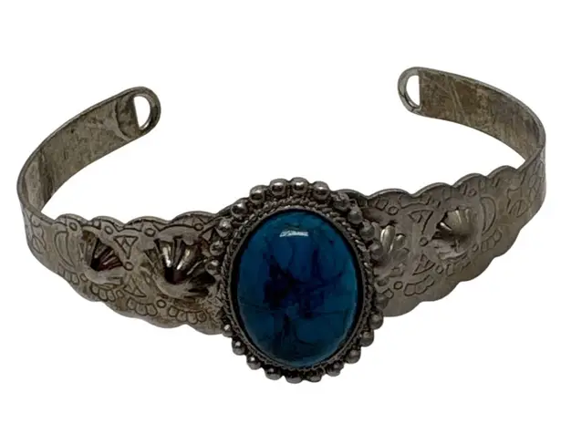 Vintage Turquoise Color Stone Cuff Bracelet Silver Tone Southwestern Style Blue