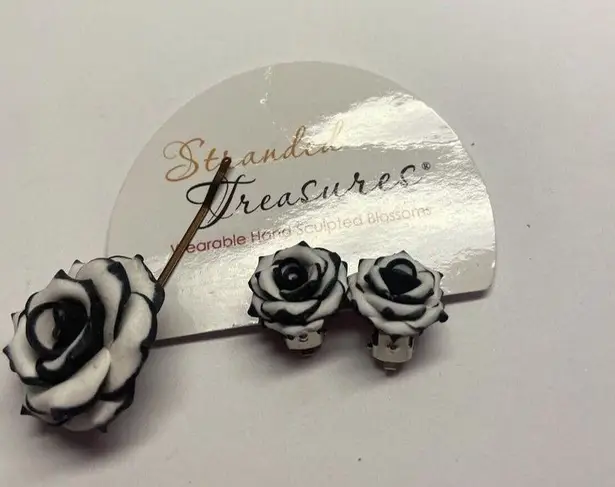 Handmade Hand Crafted Hair Bobby Pin Flower & Clip On Earrings Set White / Black