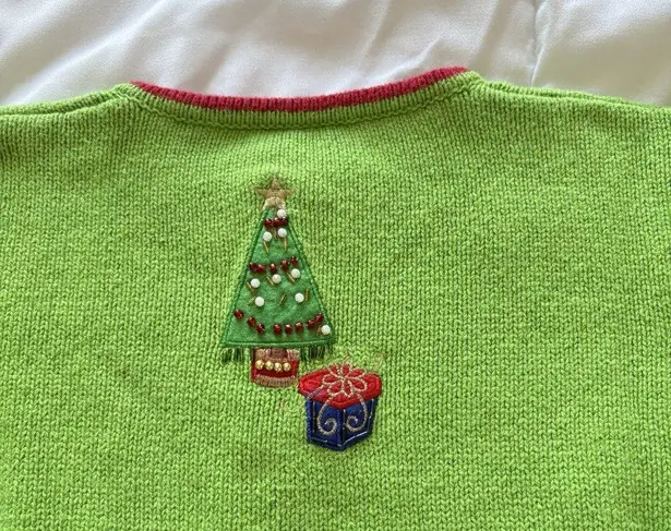 Tiara International Vintage 90s Y2K Womens Girls Full Zip Sweater Christmas Holiday Santa Green
