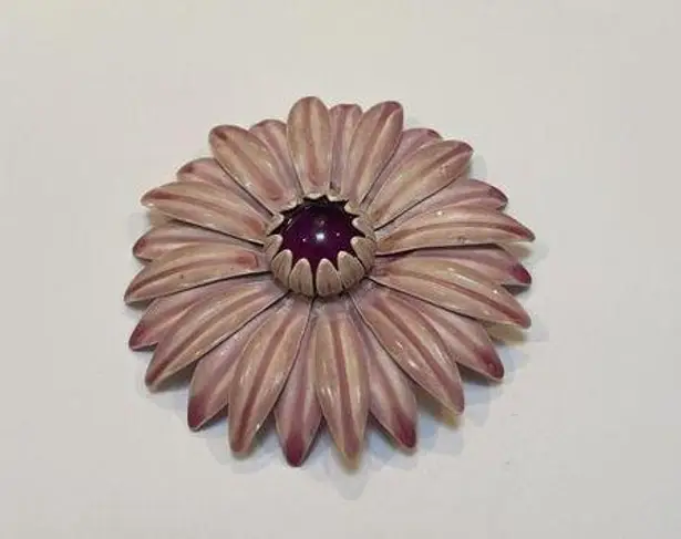 Large Vintage Statement Enameled Metal Flower Brooch Pin Pink Enamel