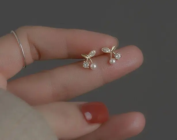 Small Tiny CZ Cherry Stud Earrings for Women Gold