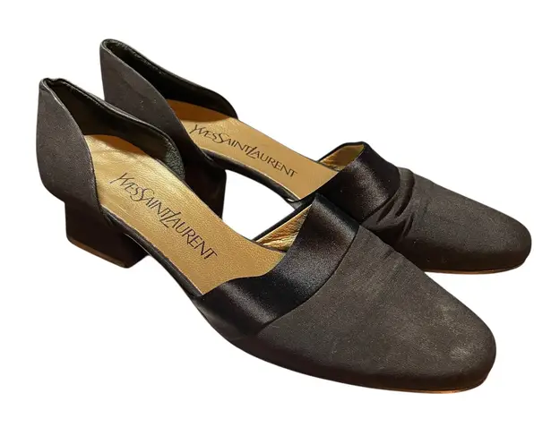 Yves Saint Laurent Black Satin Block Heel 1.5" Pumps Size 7M Made in Italy VTG