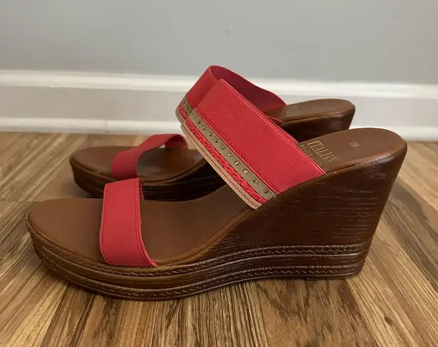 Italian Shoemakers Coral Brown Wedge 4" Heel Sandals Jeweled strap Women Sz 11 M