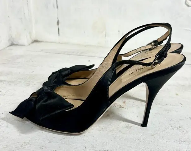 Valentino Garavani Satin Bow Peep Toe Stilettos Heel Slingback Black Womens 38.5