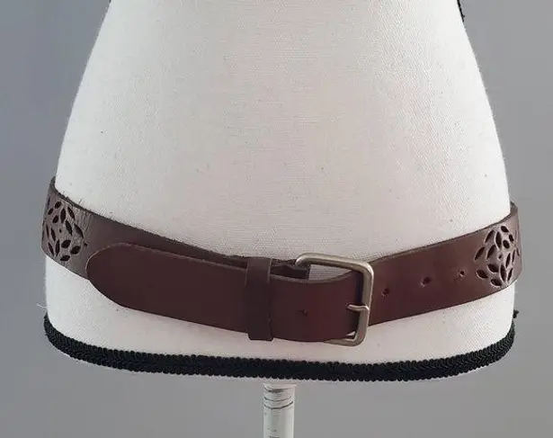 Women's Brown Leather Hollow Out Floral Belt M