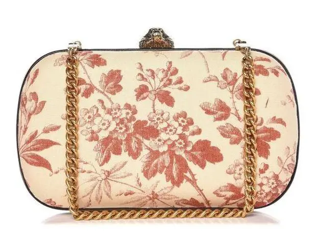 Gucci  Linen Herbarium Cherry Blossom Print Broadway Box Chain Clutch Bag