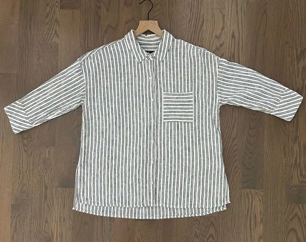 Jason Wu Linen Blend Collared Striped Button Front Shirt in White and Blue Small