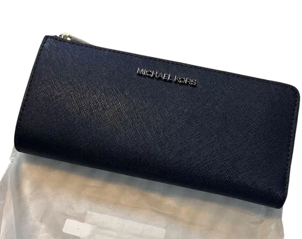 Michael Kors Jet Set Travel Large Wallet Navy Saffiano Leather Zip Around NWT Blue