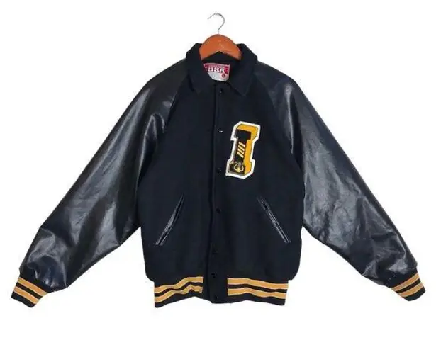 Vintage 90's Y2K Black Wool & Faux Leather Bomber Varsity Letter Patch Jacket Gold Size L
