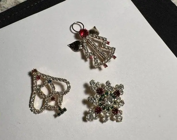 Lot Of 3 Prong Set Rhinestone Holiday Brooch Pins Christmas Tree & An Angel