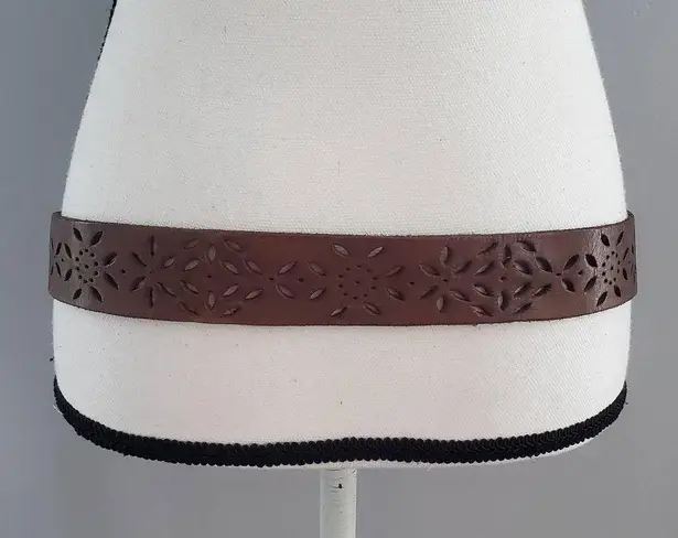 Women's Brown Leather Hollow Out Floral Belt M
