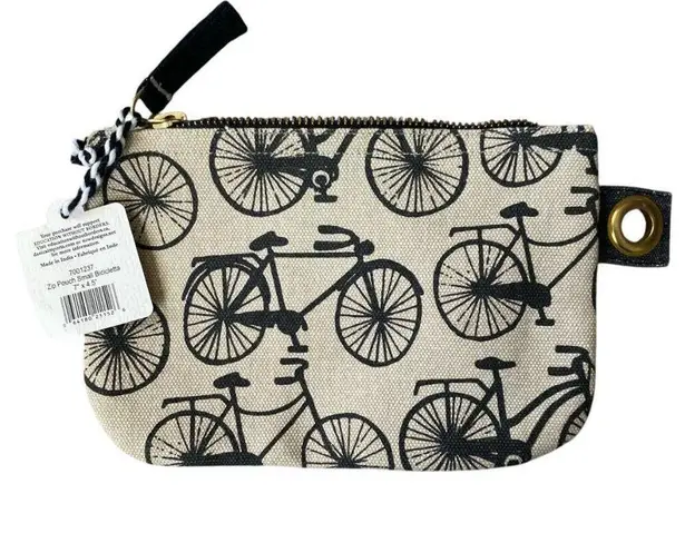 Danica Studio black and tan small zipper pouch with bicycles and gold hardware
