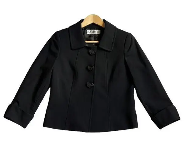 Tahari Arthur S Levine Black Cuffed 3/4 Sleeve Bow Button Blazer Jacket Size 2