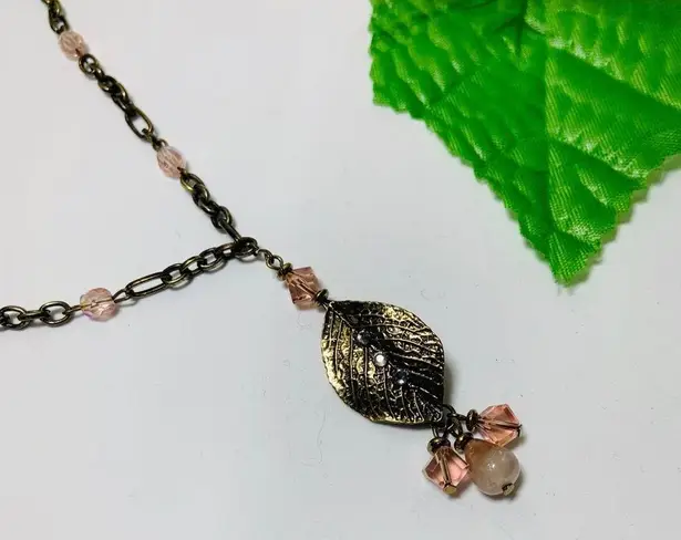 Gold Pink Leaf Fairy Feather Necklace New
