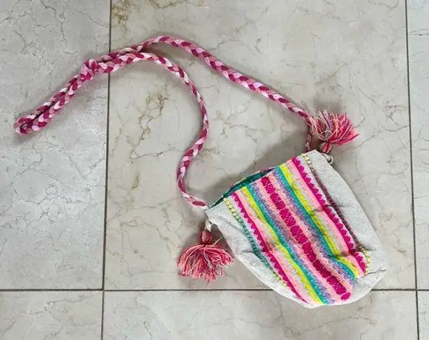 A&B Girls Neon Cotton Pouch Tote Crossbody White