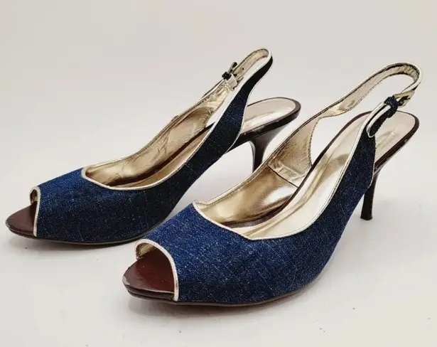 Medium Blue Denim Peep Toe Slingback Small Heel Golden Lining Shoes size 7