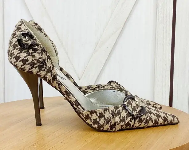 Dollhouse Houndstooth Fabric Buckle Pointed Toe Heels Tan Brown 7.5