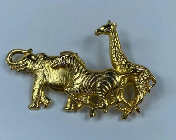 Premier Designs Animal Safari Brooch Vintage Gold Tone Elephant Zebra Giraffe