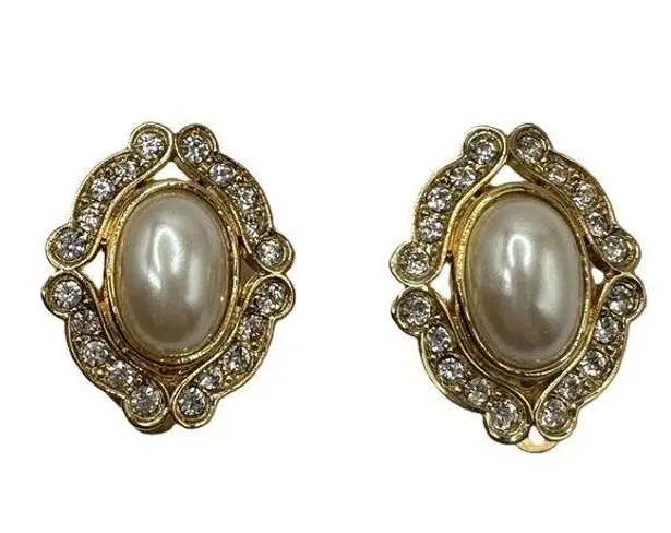 Vintage Gold Framed Pearl and Rhinestone Costume Earrings Large Statement Glam