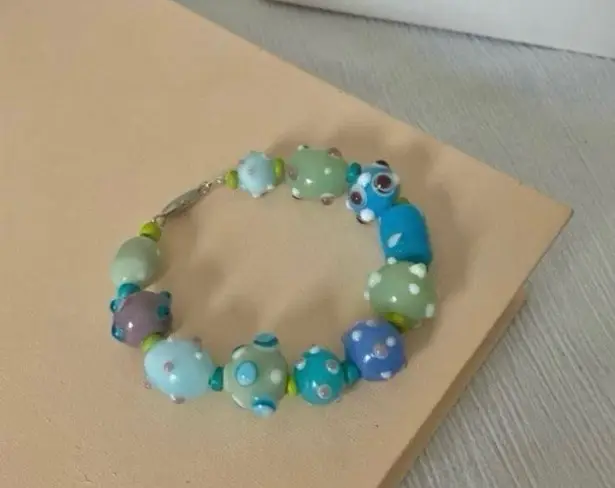 Handmade Pastel Glass Bead Bracelet “Velma”  Bumpy Easter Green Blue Purple Soft