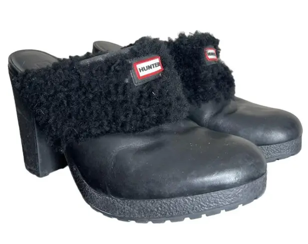 Hunter  Bruson Shearling Lined Black Leather Clogs Heels Mules Size 8