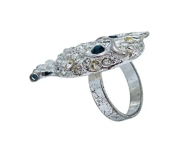 Premier Designs Owl Silvertone Rhinestone Ring Size 6