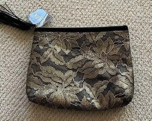 NEW Ulta Beauty Cosmetic Case Bag 8” x 9.75” Gold Black Suede Pattern Tassel NWT