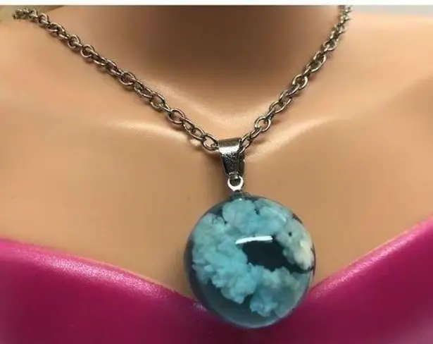 Fashion White Clouds Blue Sky Resin Ball Pendant with 23" Necklace Women Jewelry