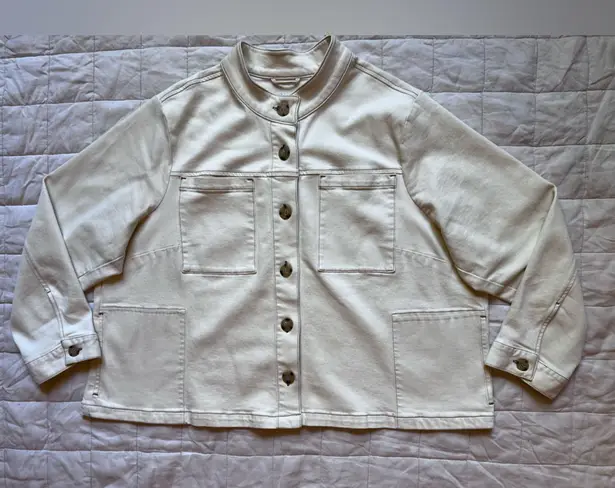 J Jill Beige Cotton /Tencel Contrast Stitching Utility Trucker Chore Jacket