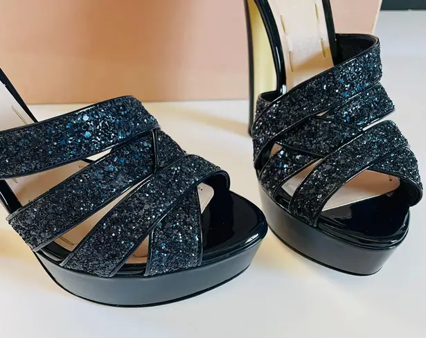 Miu Miu Patent Leather Glitter Accents Platform Sandals Blue Sz 10/40 Brand New