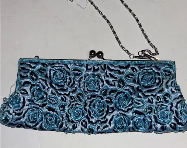 Source Unknown BLUE BEADED FLORAL KISS LOCK SHOULDER BAG SILVER CHAIN CROSSBODY STRAP GORGEOUS