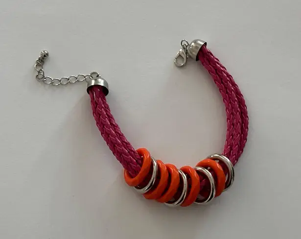 Boho Chic Colorful Bracelet Pink Braided Cords W Orange & Silver Rings