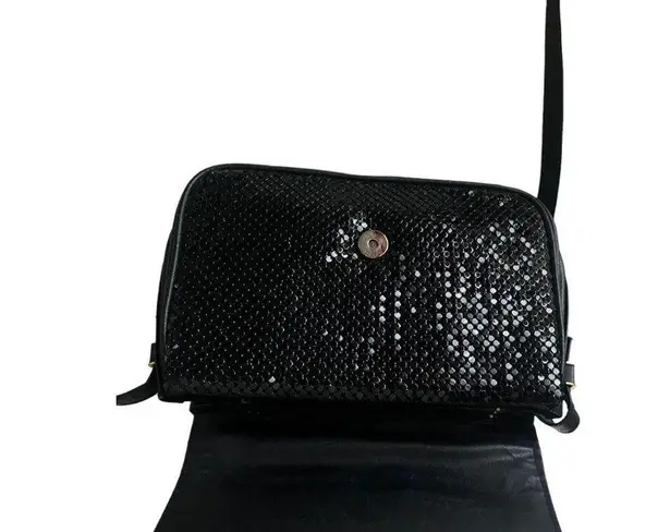 Whiting & Davis Black Leather Black Brass Circle Flat Mesh Crossbody Bag