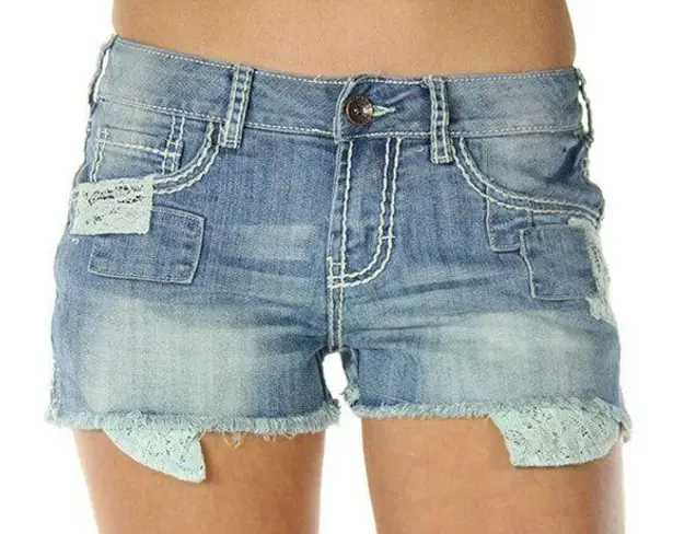 Cowgirl Tuff Light Wash Lace Detail Denim Short Shorts 29 Blue