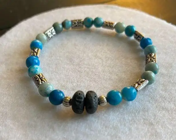 Fun handmade stretch blue beaded bracelet silver separaters lava beads